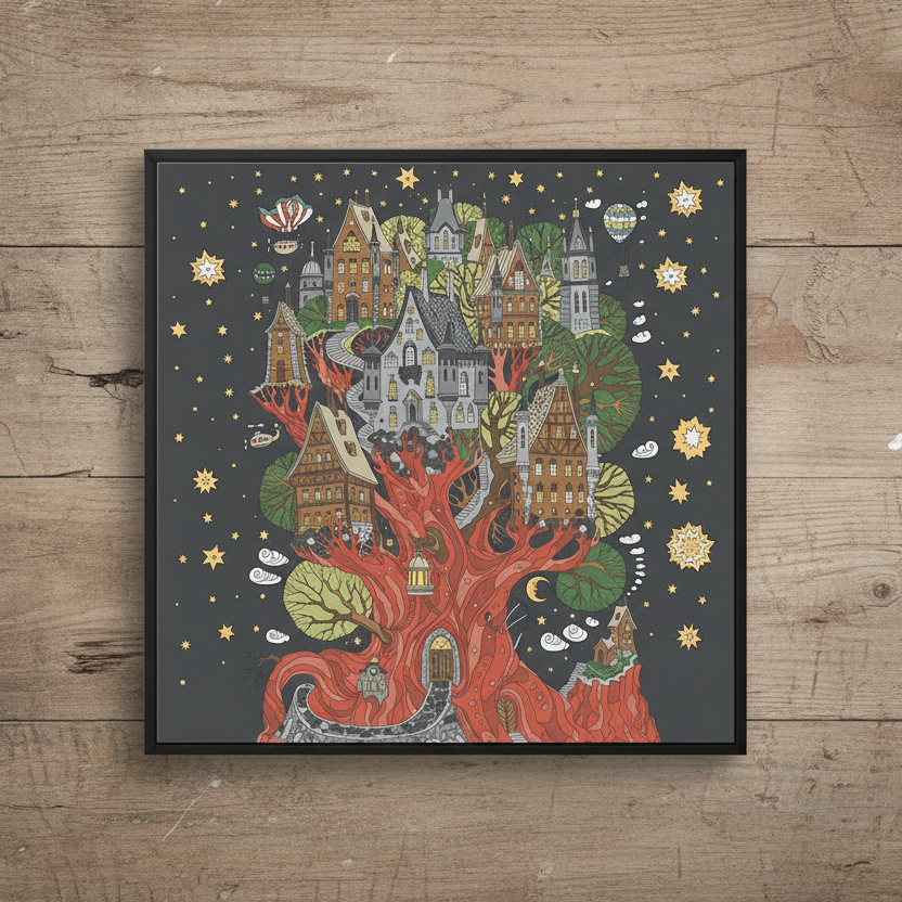 Illustration of a tree with houses on a dark background.