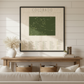 Map of Colorado State Parks and National Parks on a beige background on a beige wall in a farmhouse living room.