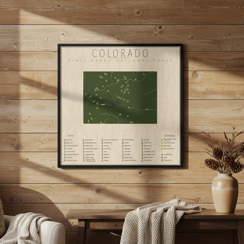 Colorado State & National Parks Map Framed Canvas Wall Art