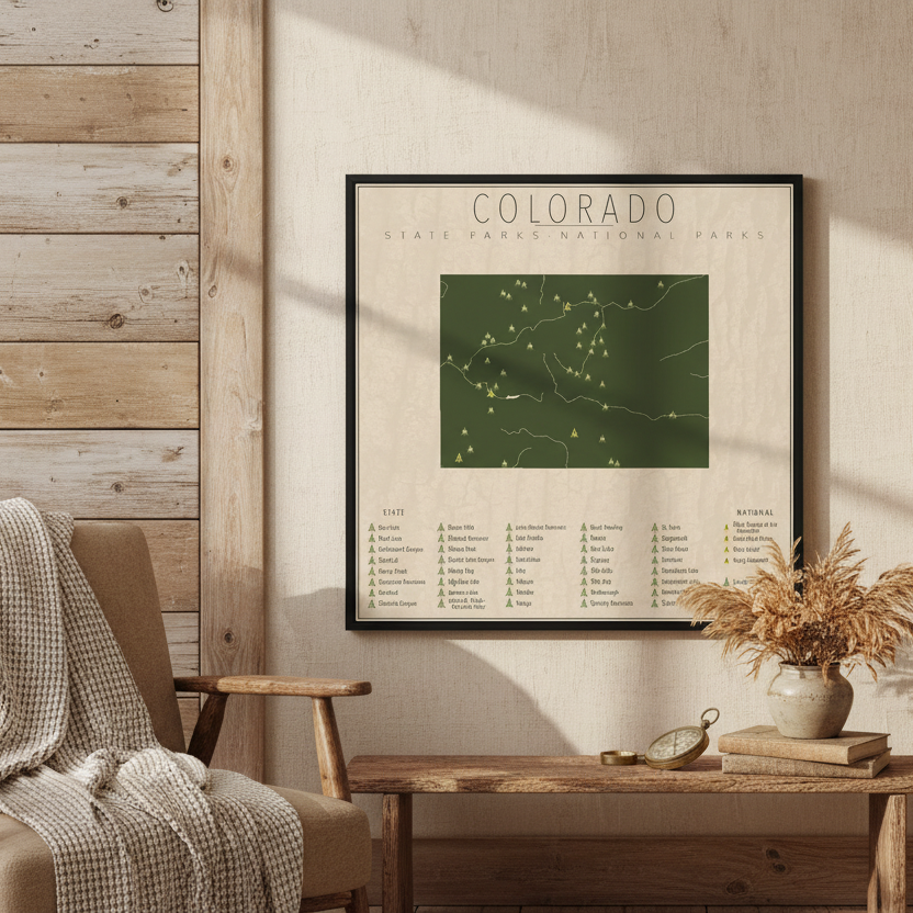 Colorado State & National Parks Map Framed Canvas Wall Art