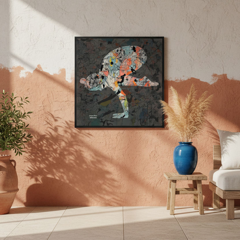 Abstract art piece of a yoga instructor with multicolor patterns on a dark gray background on canvas.