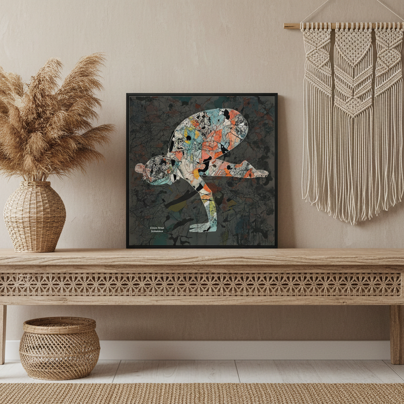 Abstract art piece of the yoga crane pose with multicolored patterns on a dark background.