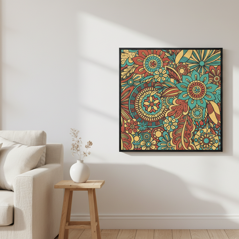 Flower Power Line Art Multicolor Framed Canvas Wall Art