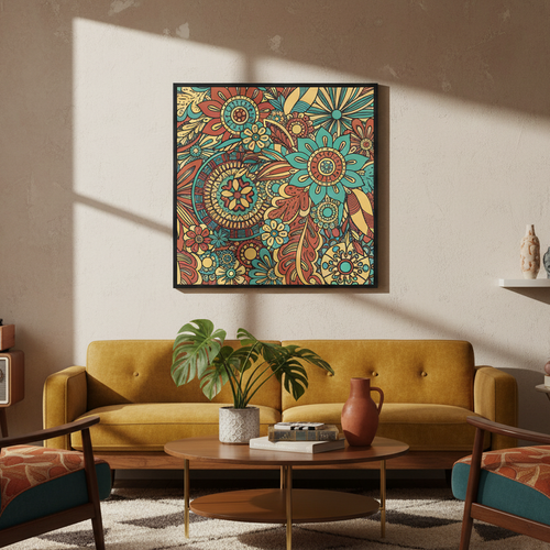 Flower Power Line Art Multicolor Framed Canvas Wall Art