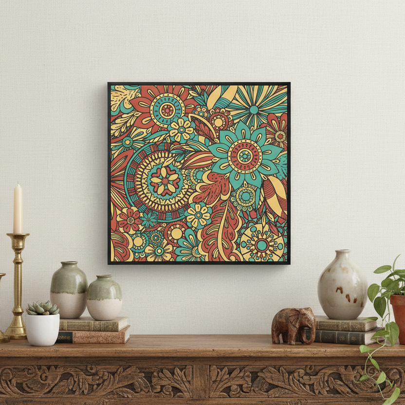 Colorful abstract pattern with flowers and circular designs on a white background.