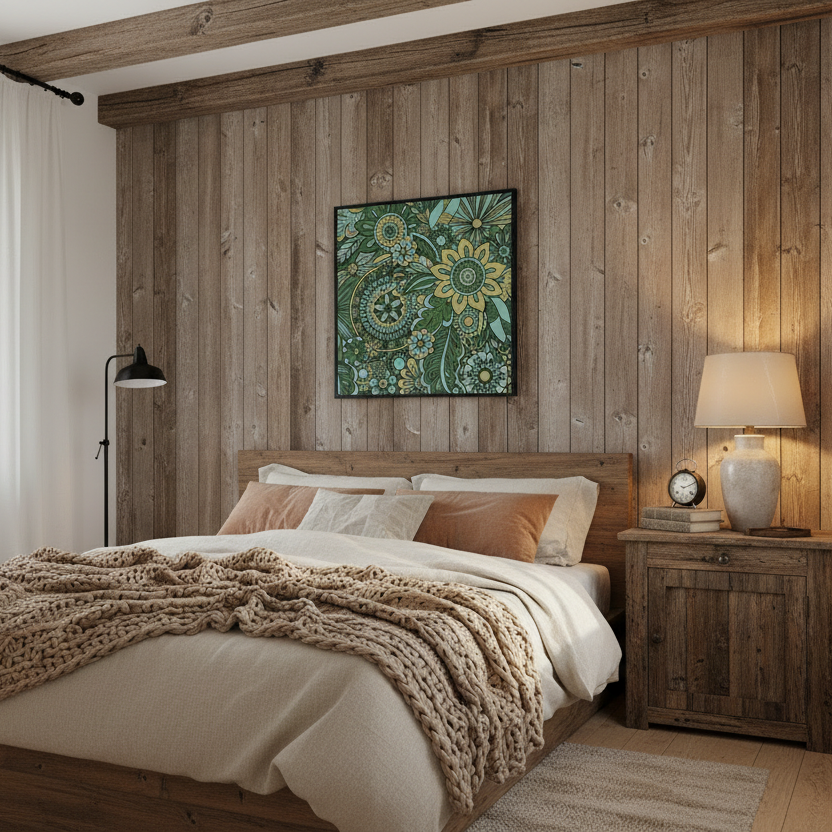 Framed floral artwork on a wall above a bed in a bright bedroom.