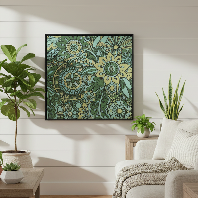 Decorative floral painting on a wall above a sofa in a living room.