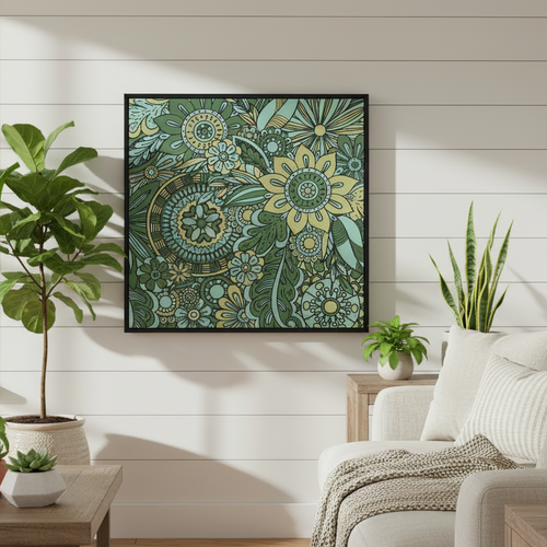 Decorative floral painting on a wall above a sofa in a living room.