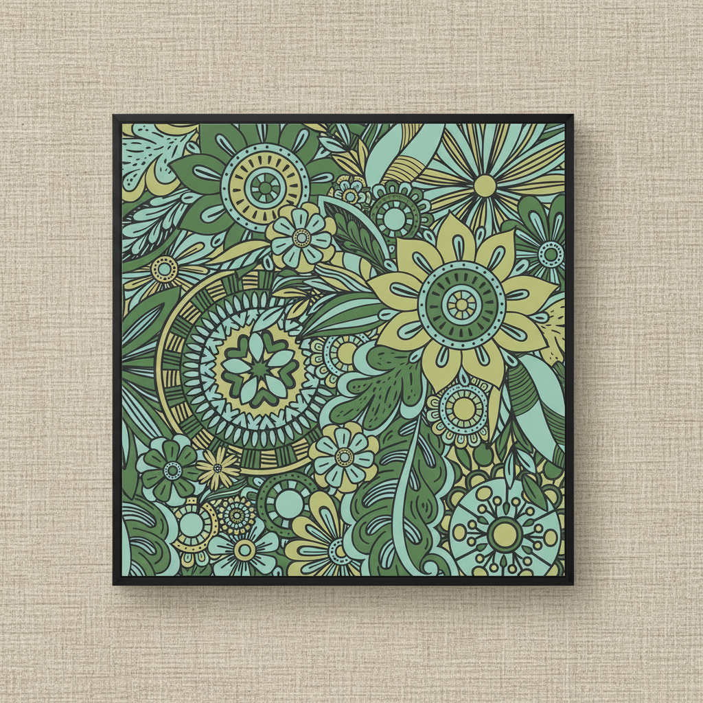 Green floral and mandala pattern on a white background.