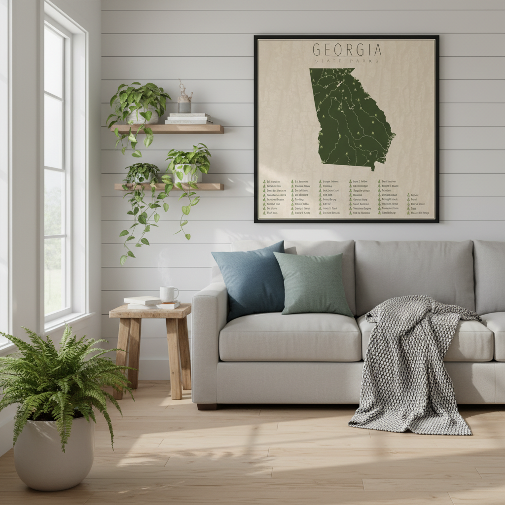Living room with a gray sofa, decorative pillows, and a framed map of Georgia on the wall.
