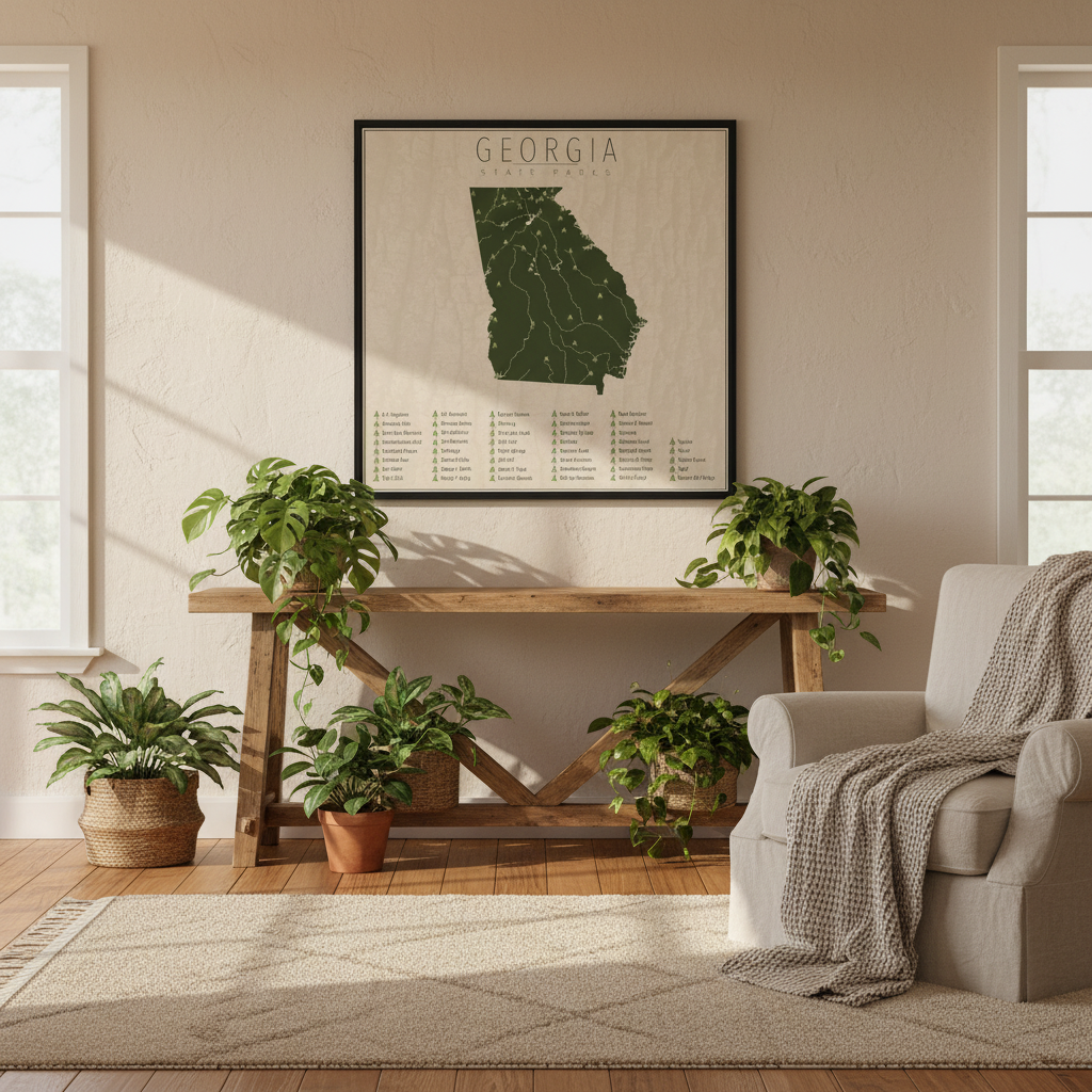Living room with a wooden console table, potted plants, and a framed map of Georgia on the wall.