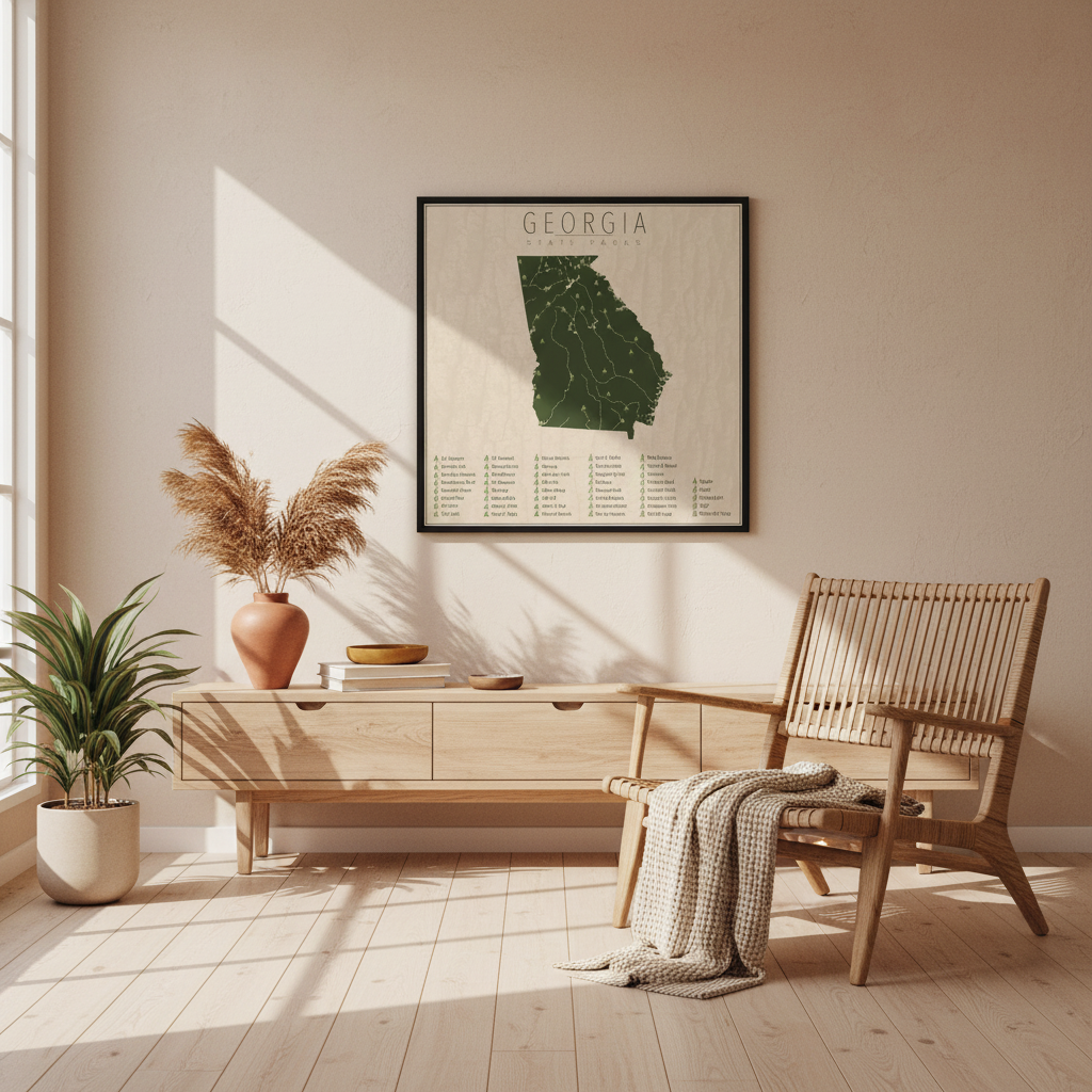Georgia State Parks Map Framed Canvas Wall Art