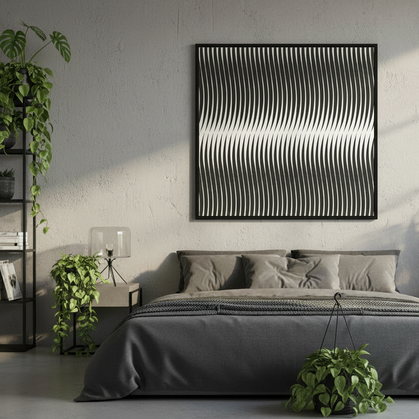 Modern bedroom with a bed, nightstands, and decorative wall art.