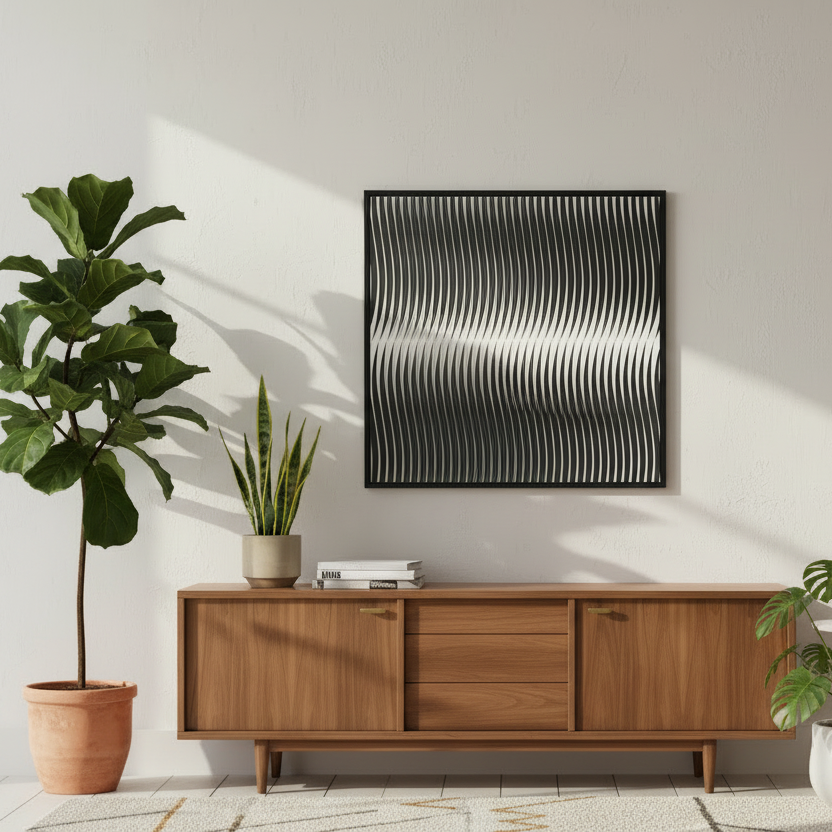 Modern living room with wooden sideboard, abstract black and white wall art, and armchair.