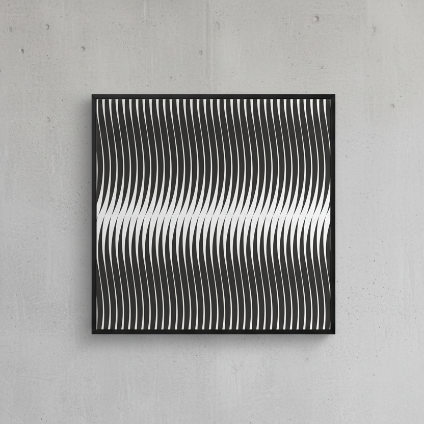 Framed artwork with a black and white geometric pattern on a white background.