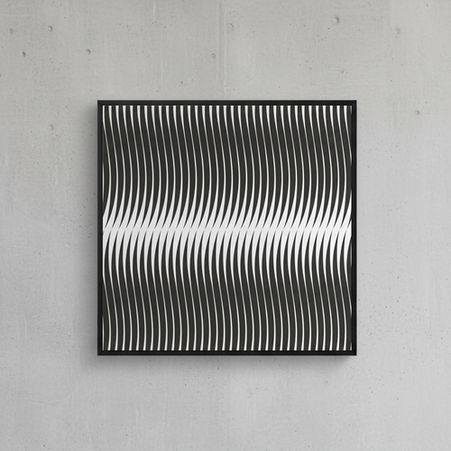 Framed artwork with a black and white geometric pattern on a white background.