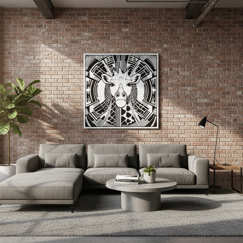 Modern living room with a gray sectional sofa, round coffee table, and abstract giraffe artwork on a brick wall.