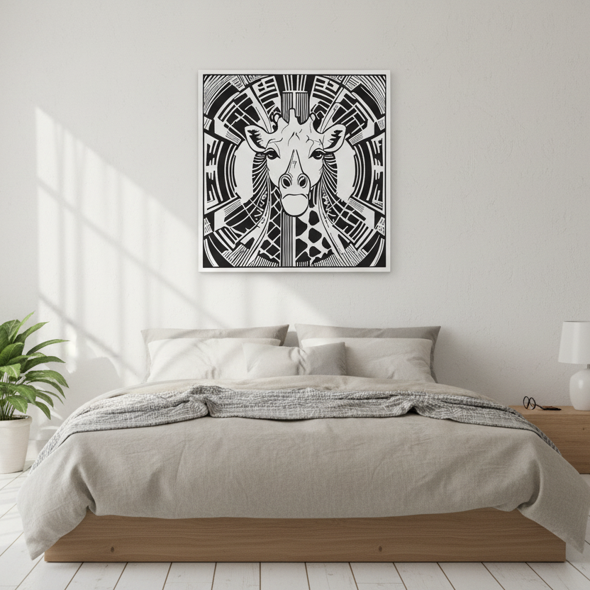 Black and white abstract giraffe canvas art above a bed in a bedroom.