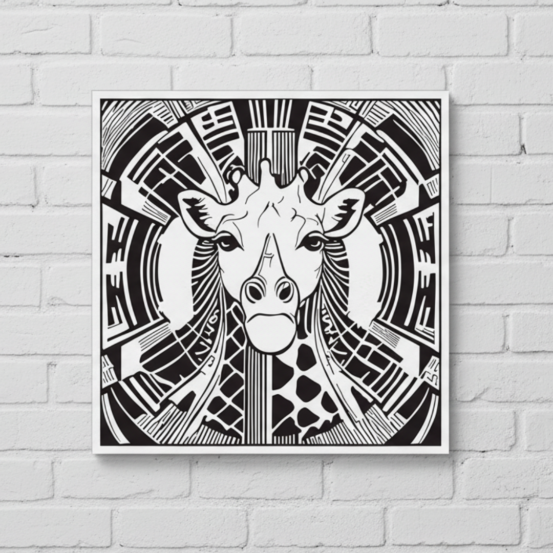 Black and white giraffe illustration on a white brick wall.