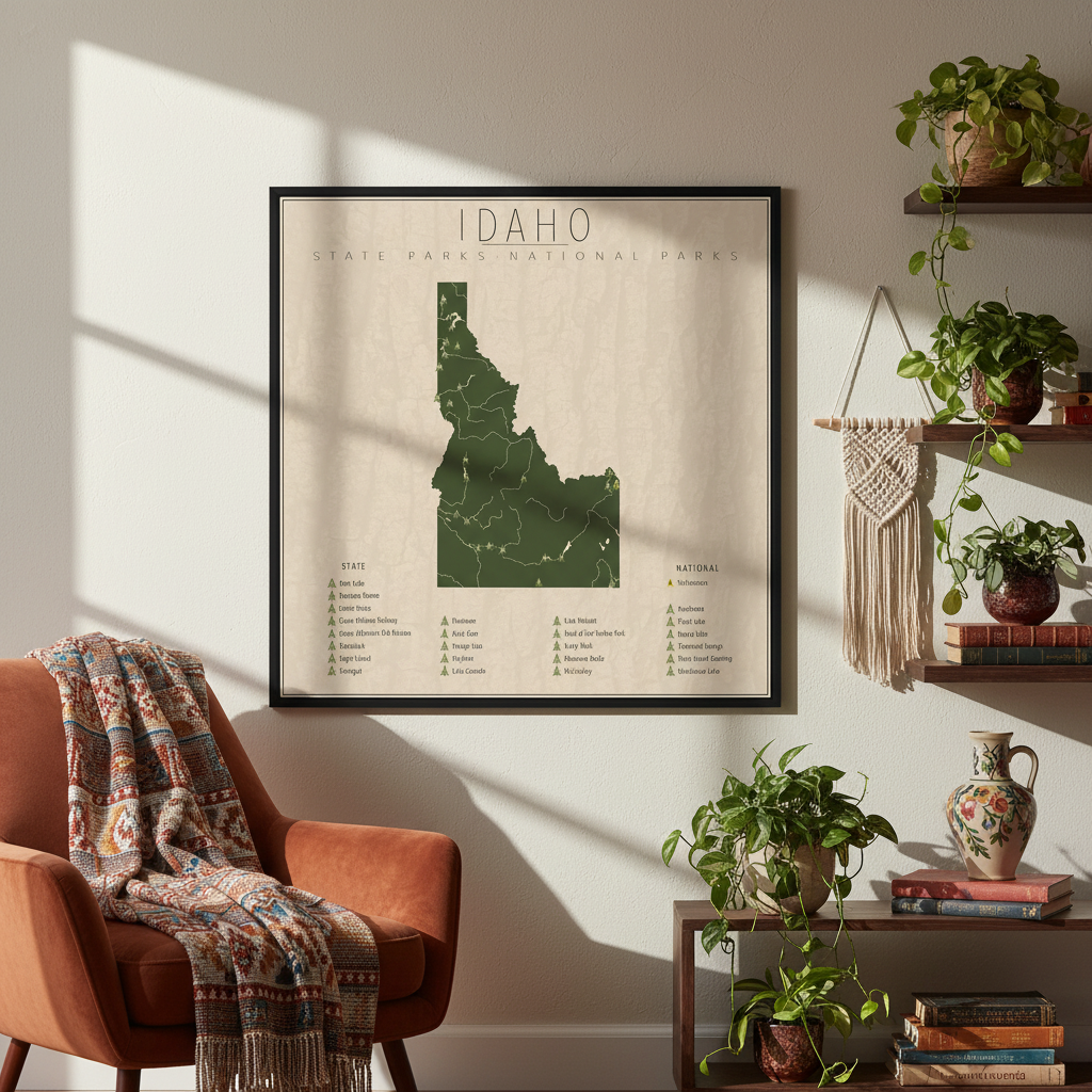 Framed map of Idaho state and national parks on a wall in a room with plants and furniture.