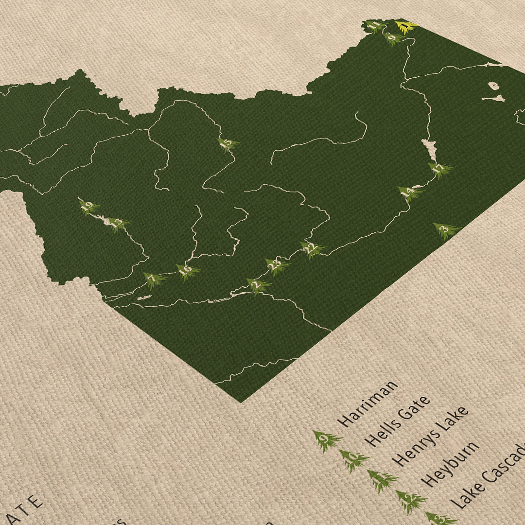 Map of Idaho with green areas and text labels on a textured beige background.