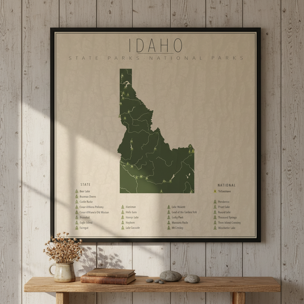 Idaho State & National Parks Map Framed Canvas Wall Art