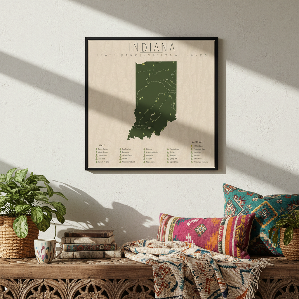 Indiana State & National Parks Map Framed Canvas Wall Art