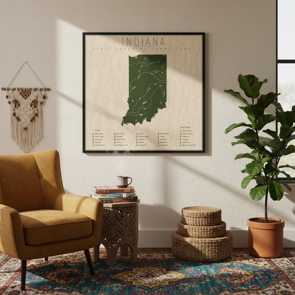 Living room with a mustard chair, decorative side table, and wall art of the state and national parks of Indiana.