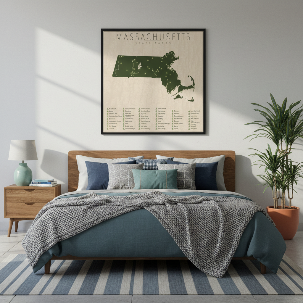 Bedroom with a bed, nightstand, lamp, and Massachusetts map poster on the wall.