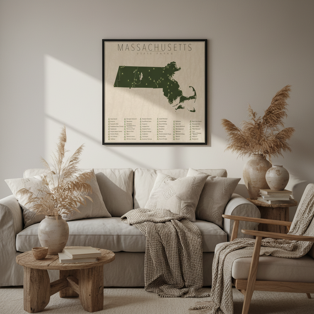 Massachusetts State Parks Map Framed Canvas Wall Art
