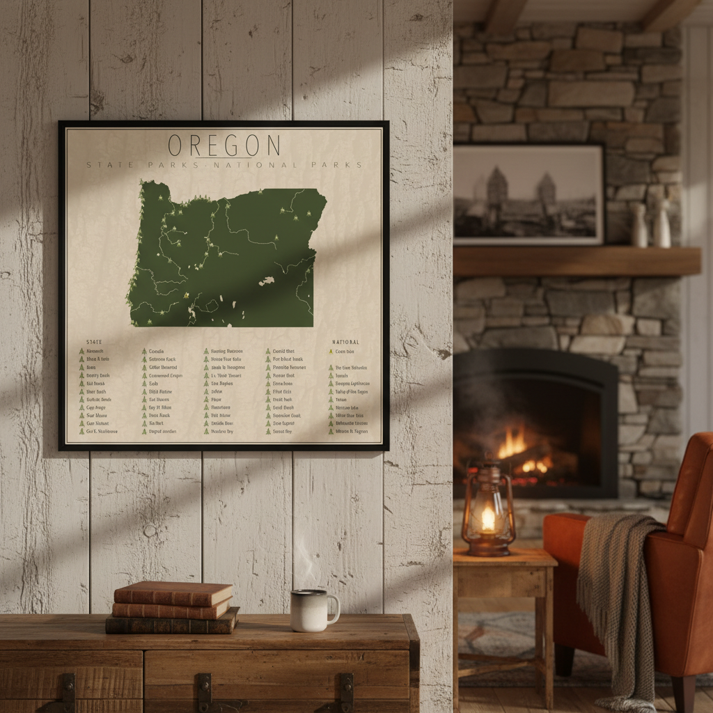 Oregon State & National Parks Map Framed Canvas Wall Art