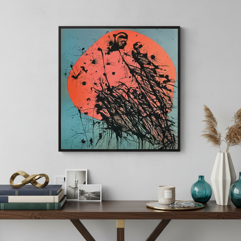 The Red Sun Abstract Multicolor Framed Canvas Wall Art