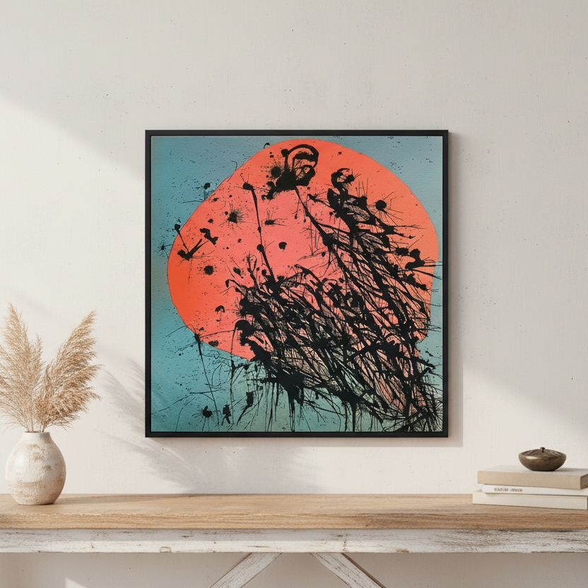 Abstract art print with black brush strokes against a red and blue background.