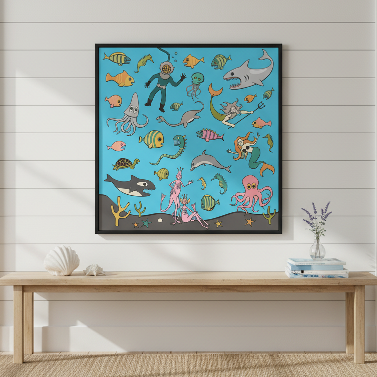 Colorful underwater-themed wall art above a wooden bench in a room with light wood paneling.