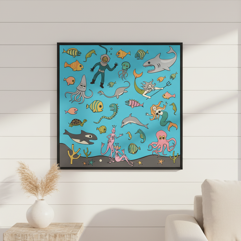 Seascape Modern Multicolor Framed Canvas Wall Art