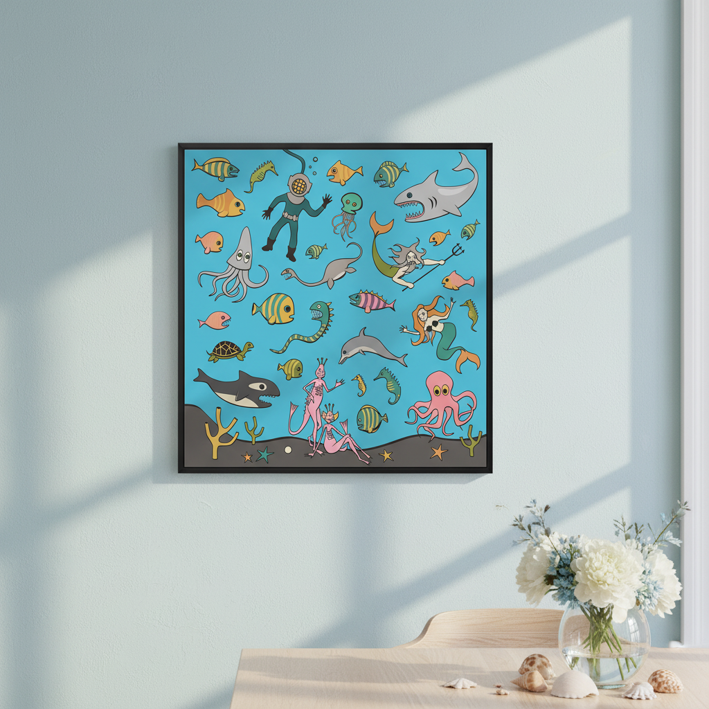 Framed illustration of underwater scenes with various sea creatures on a blue background, hanging on a light blue wall.