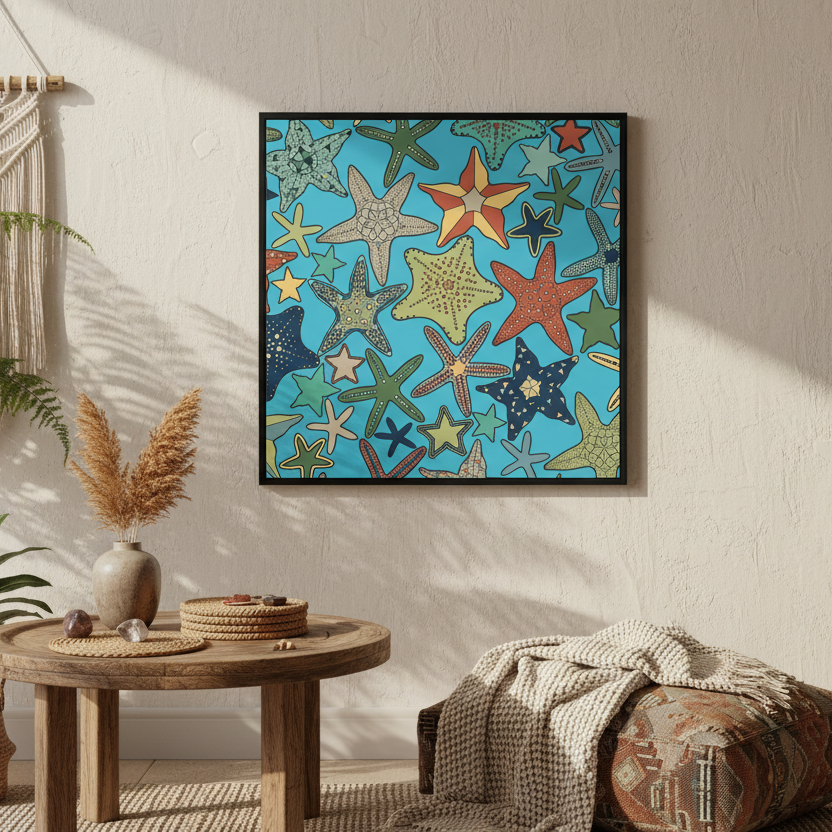 Colorful starfish pattern on a blue background.