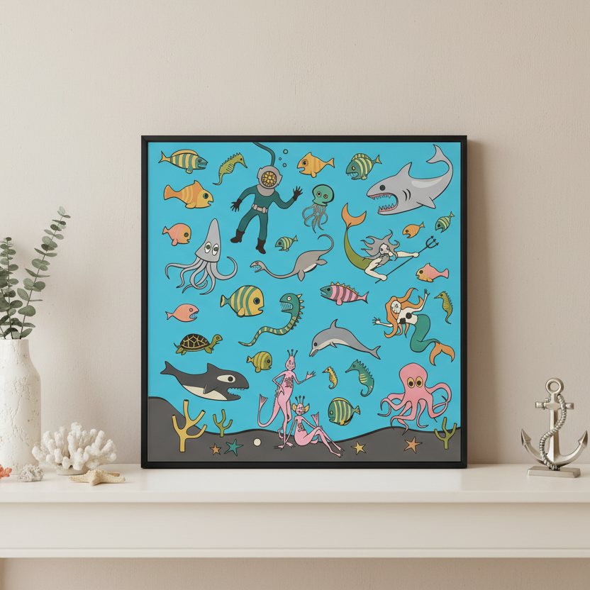 Illustration of various sea creatures and characters on a blue background.