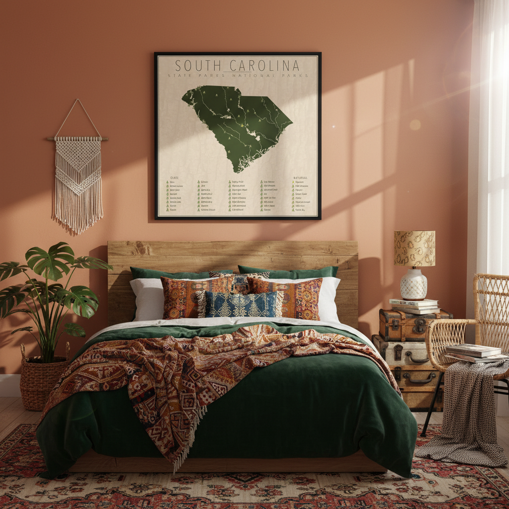 South Carolina State & National Parks Map Framed Canvas Wall Art