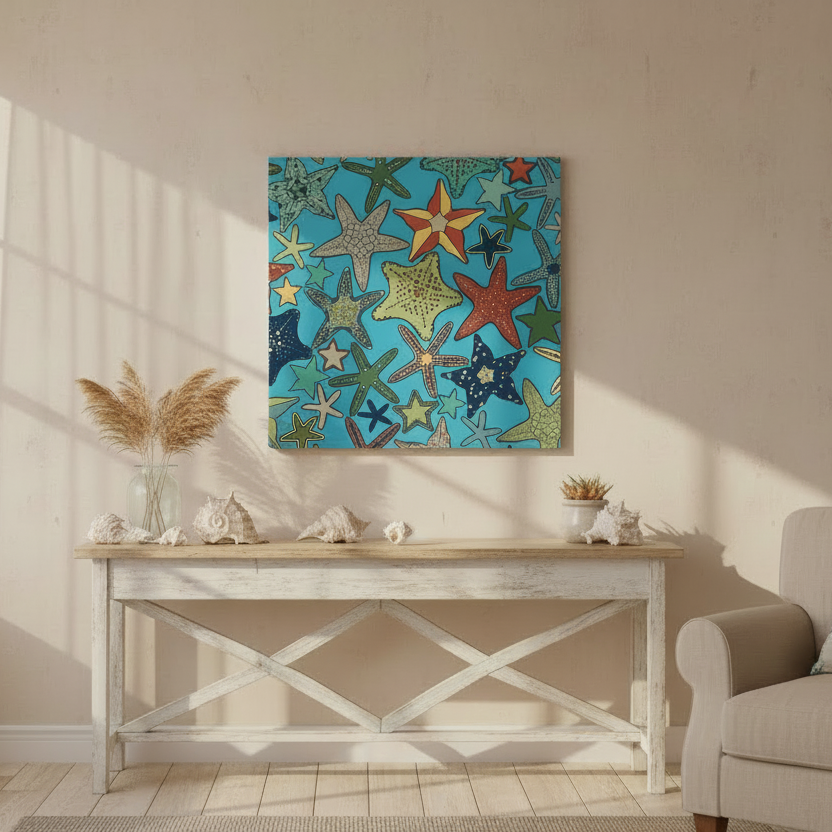 Living room with a colorful starfish painting on the wall above a wooden console table.