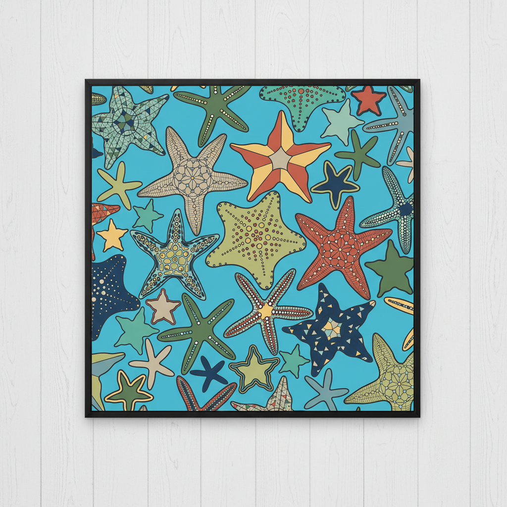 Framed canvas artwork with a colorful starfish pattern on a blue background.