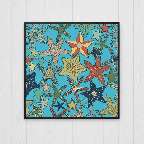 Framed canvas artwork with a colorful starfish pattern on a blue background.