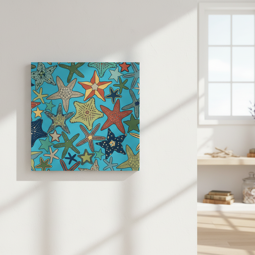 Colorful starfish pattern on a blue background in a white room with a window.