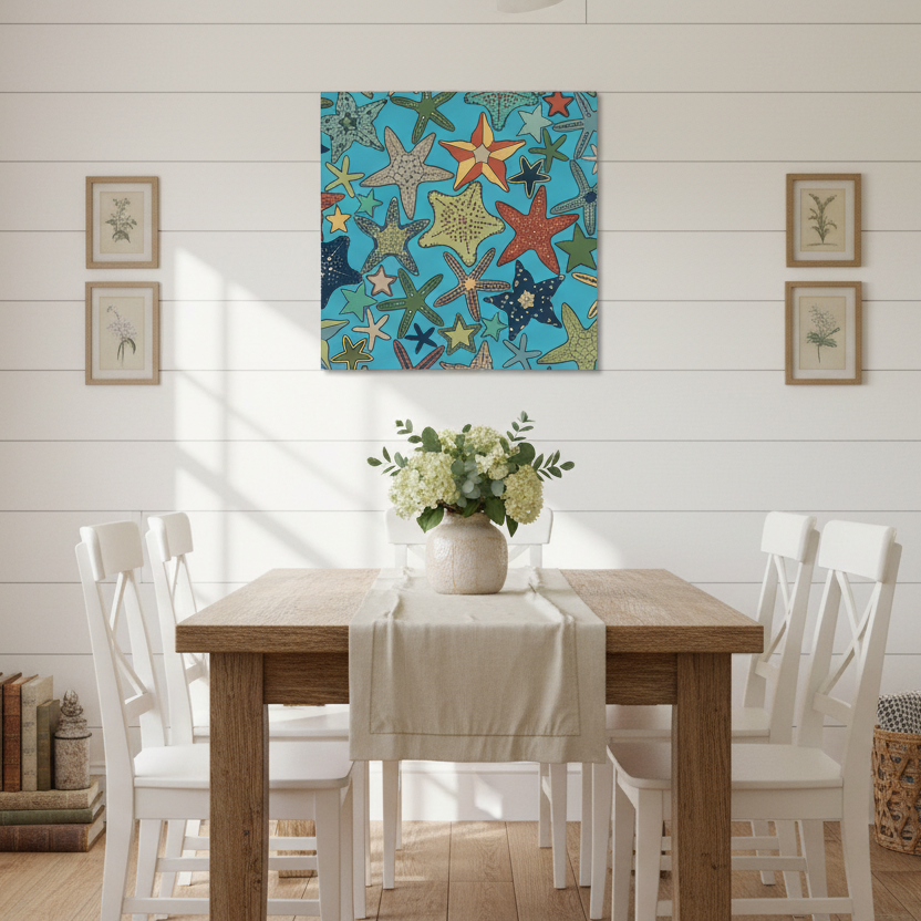 Dining room with a wooden table, white chairs, and a colorful starfish painting on the wall.