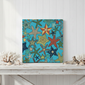 Colorful starfish pattern on a blue background.