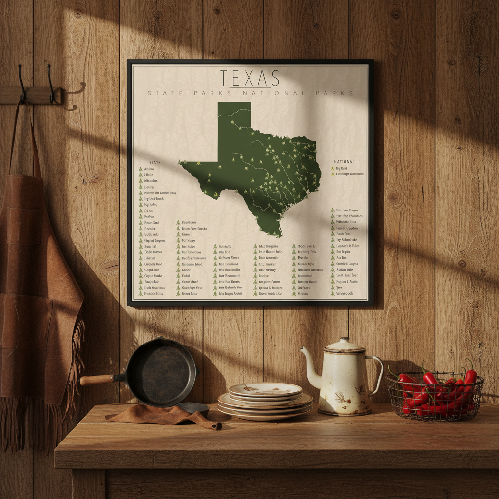 Framed map of Texas on a wooden wall with rustic decor.