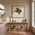 Framed map of Texas on a wall above a wooden table with potted plants.