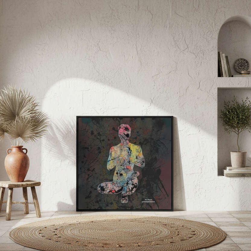 Colorful abstract silhouette of a person in a meditative toe stand yoga pose on a dark gray background.