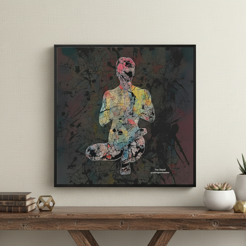 Colorful abstract art print of a person in a meditative toe stand yoga pose on a dark background.