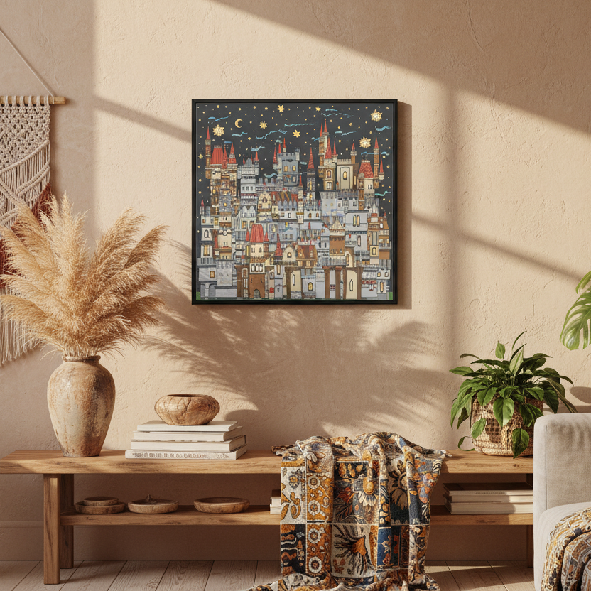 Medieval Castle Line Art Multicolor Framed Canvas Wall Art